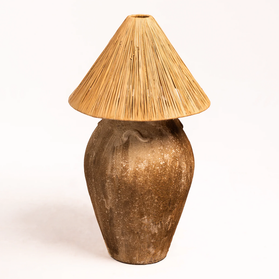 Abhi handmade clay floor lamp with a wide tapered shade, by Omah Lempung Bali