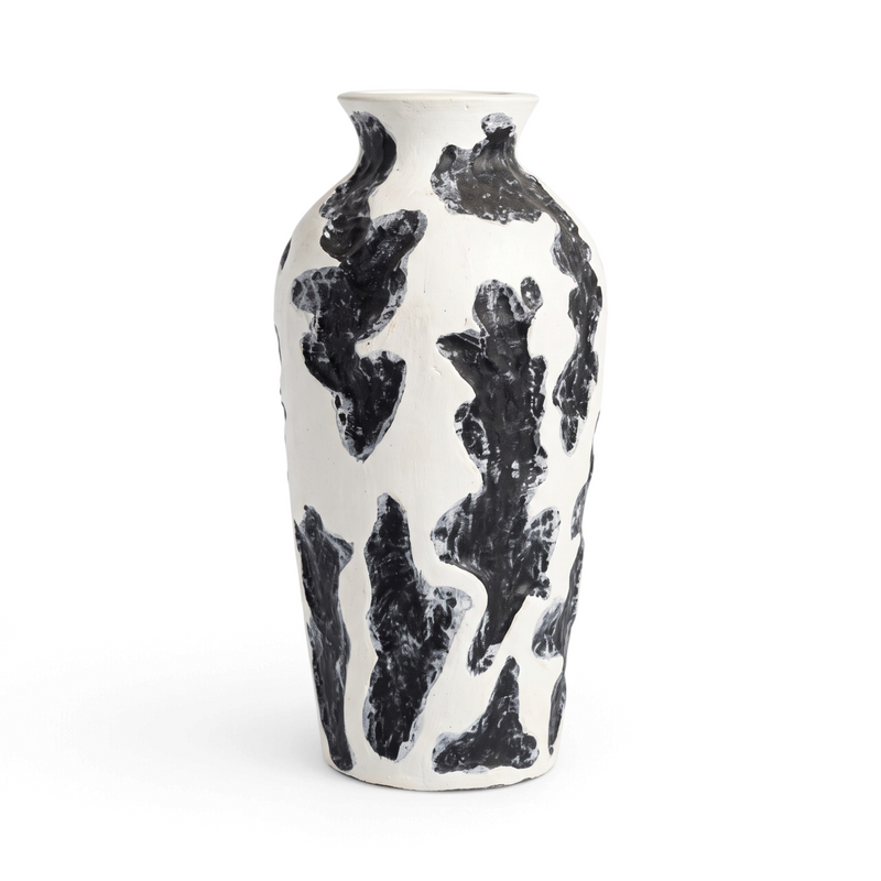 Medium Pottery Tabung Susu, black and white handmade clay vase